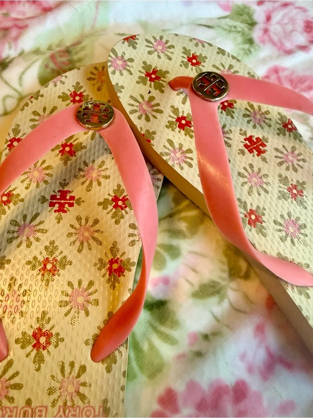 Tory Burch Pink Floral Flip Flop Sandals with Gold Logo Medallion